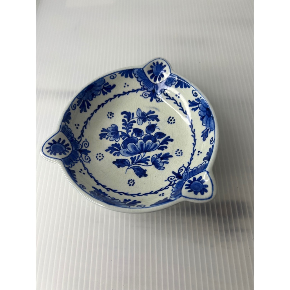 Vintage Delft Blue Hand Painted Ceramic Ashtray Trinket Dish 1907 Floral Dutch